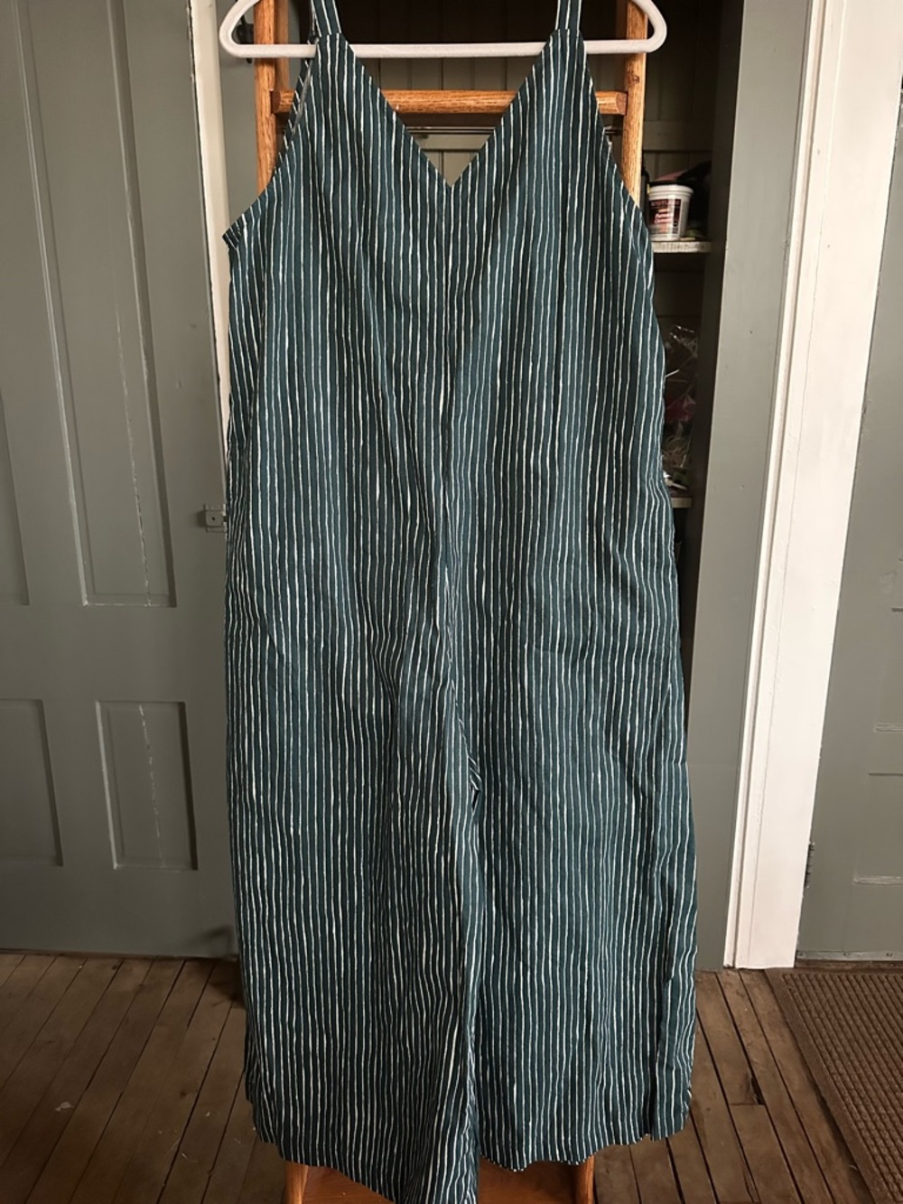Uniqlo Striped Wide Leg V-Neck Sleeveless Jumpsuit/Romper in Teal